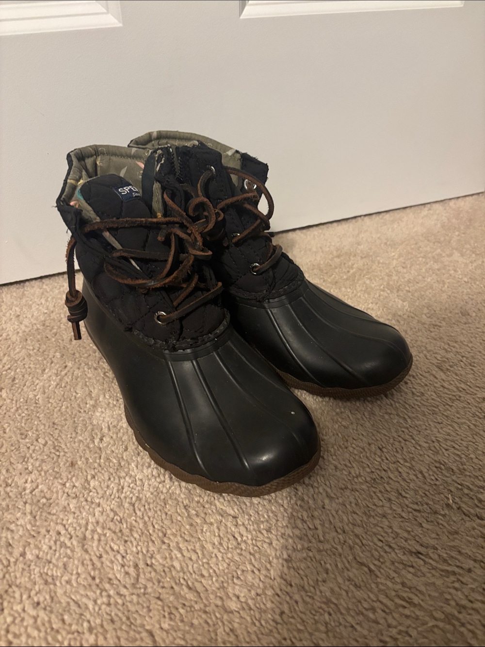 Sperry Black Waterproof Duck Boots with Brown Laces